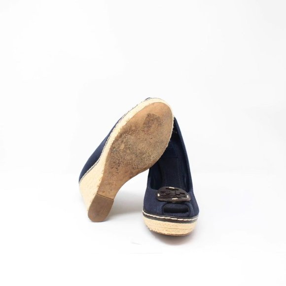 TORY BURCH Navy Blue Logo Wedges